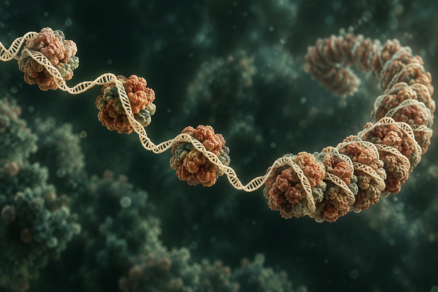 Conceptual molecular illustration of DNA winding around histone protein assemblies in an irregular chromatin fibre.