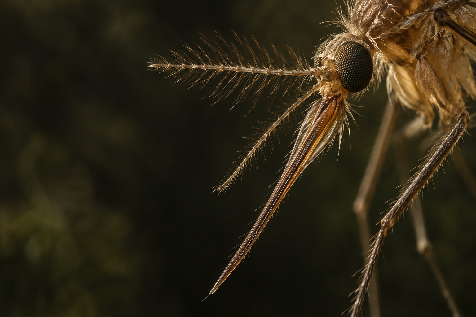 Scientific illustration of a mosquito’s compound eye, antennae and slender mouthparts, illuminated in amber against a dark background.