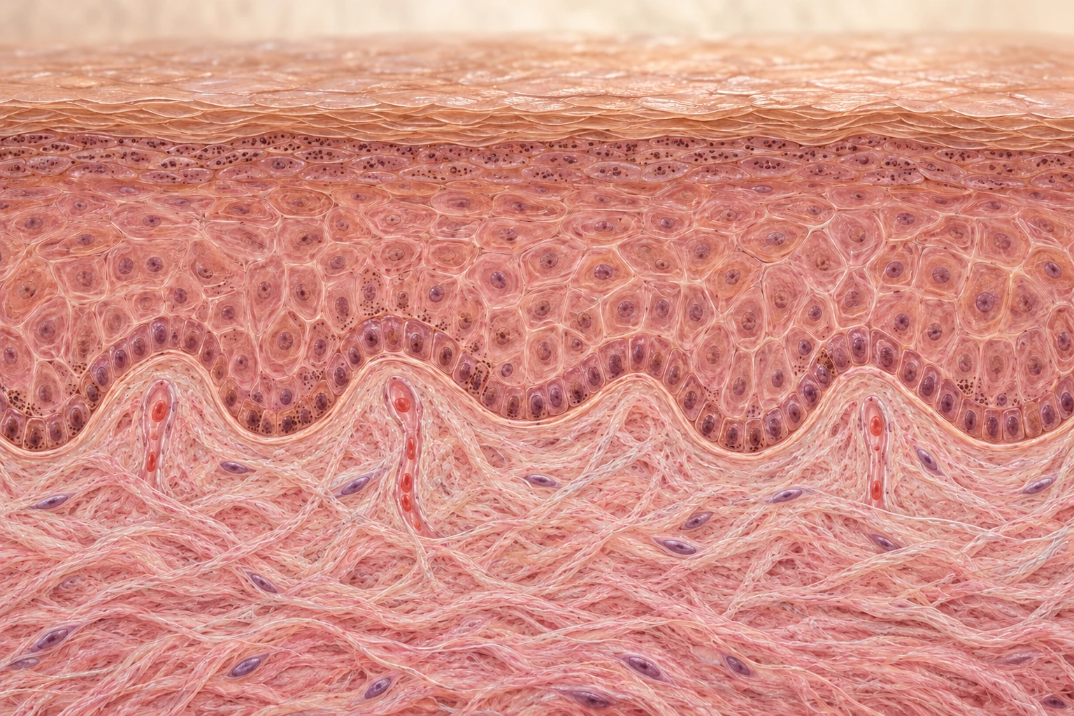 Interpretive cutaway of thin human skin: a compact outer barrier, living epidermal layers, and collagen with small blood vessels beneath the epidermis.